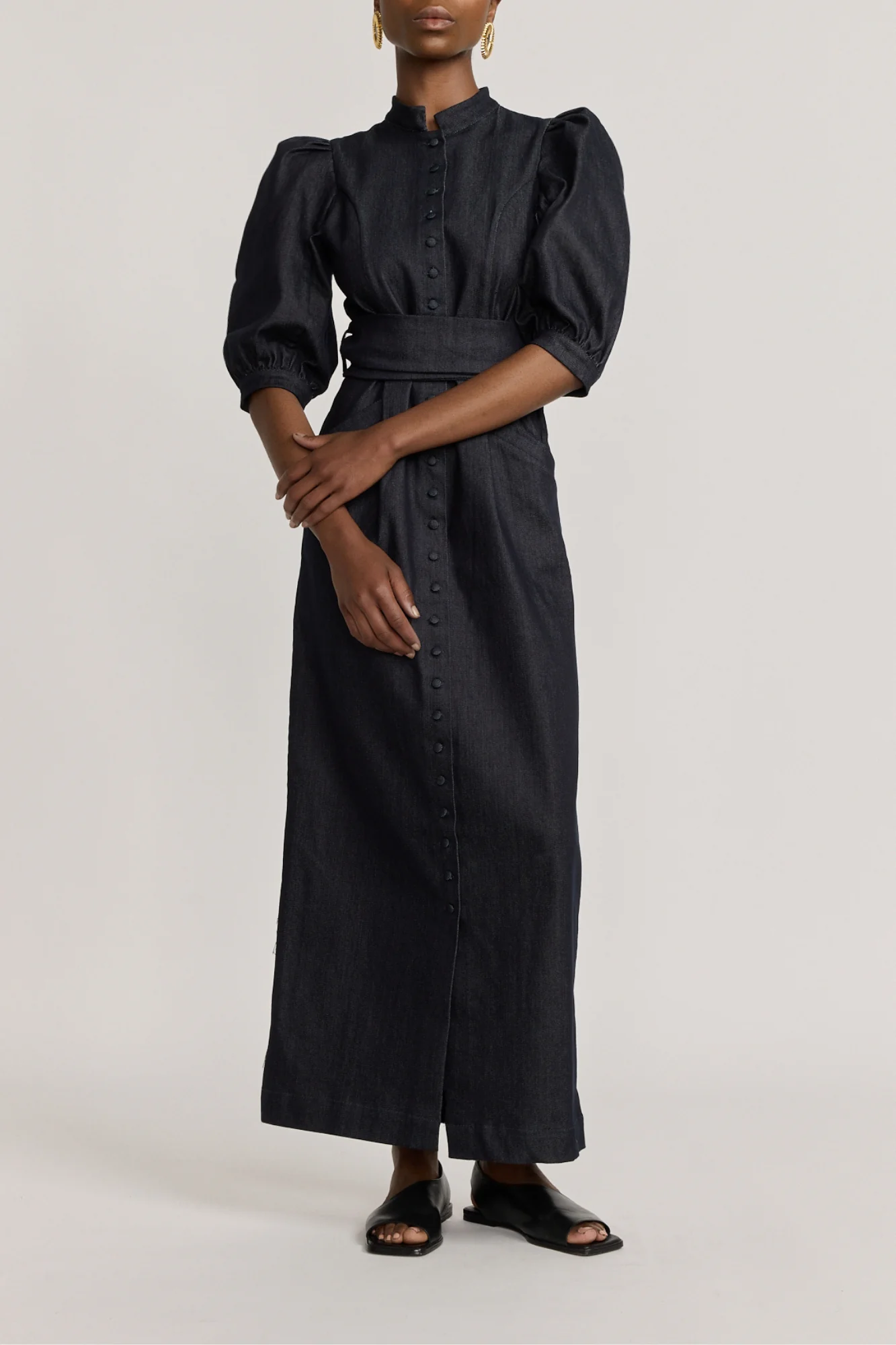 DARK BLUE Denim Puff Sleeve Long Dress - Image 3